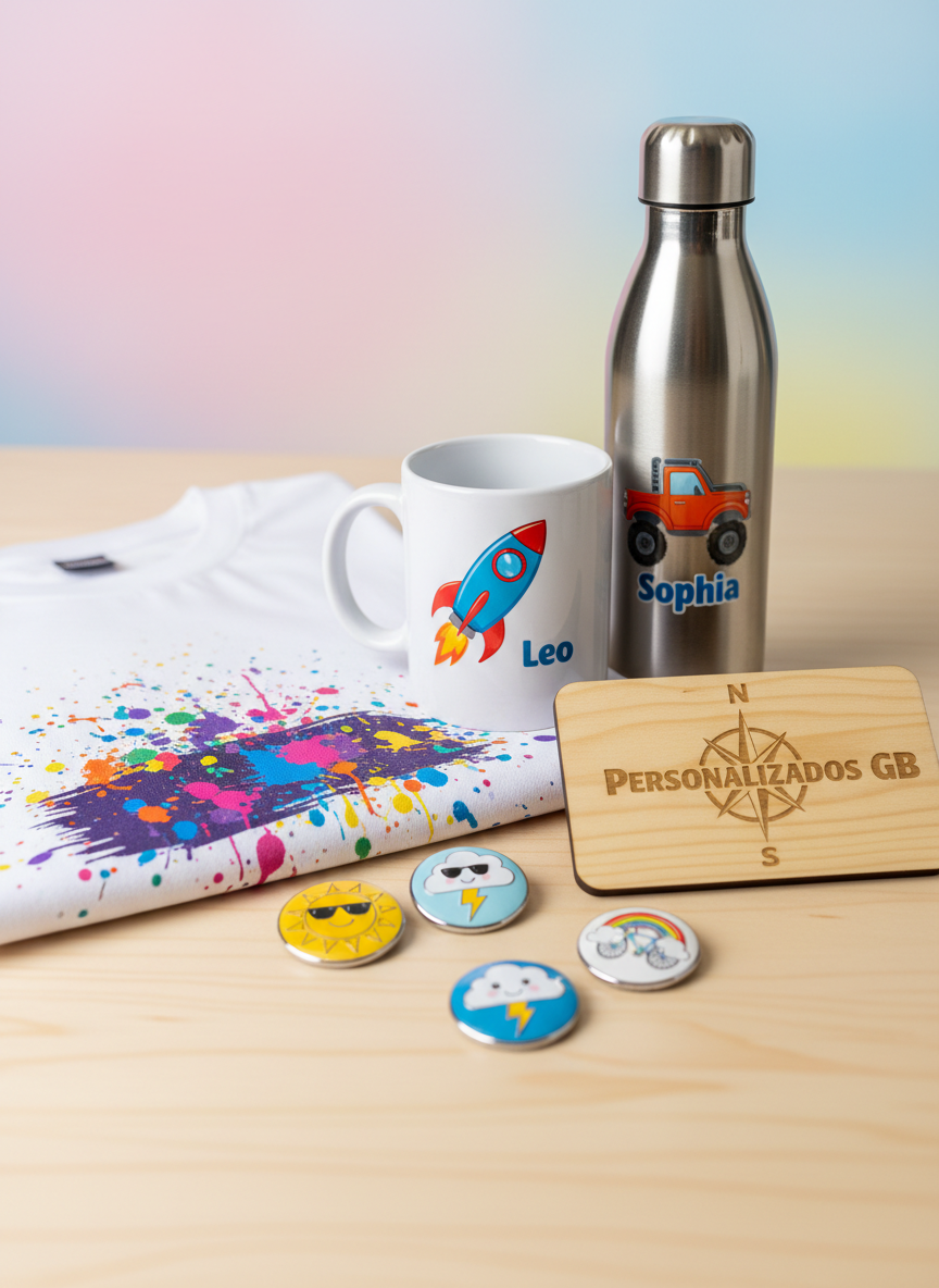 A lively tabletop display of personalized products for a small creative studio called “Personalizados GB”. At the center, a glossy white ceramic mug and a stainless-steel bottle both feature bold, custom full-color prints with playful icons and names. Around them sit a soft cotton T-shirt with vibrant sublimation art, a wooden plaque with laser-engraved lettering, and a few shiny metal badges with whimsical graphics. The scene is set on a light birch desk with rounded edges, against a softly blurred pastel backdrop. Bright, diffused studio lighting creates crisp highlights and gentle shadows, emphasizing texture and color. Captured at a slightly elevated angle with shallow depth of field, the mood is energetic, fun, and inviting, in a photographic, vibrant, modern style.
