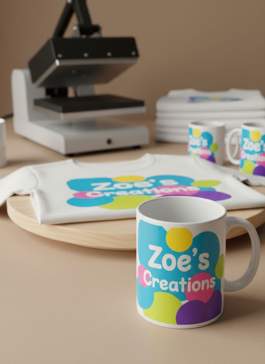 A close-up, photographic scene of a sublimation workstation featuring a freshly pressed cotton T-shirt and a matching ceramic mug, both adorned with the same colorful, playful design of abstract shapes and a custom name. The T-shirt lies smoothly on a rounded, light wooden surface, while the mug rests just in front of it, its glossy finish catching the light. In the soft-focus background, a sleek heat press machine and neatly stacked blank textiles hint at production. Bright, even studio lighting with a slight warm tone creates vivid color contrast and soft shadows. Shot at eye level with the mug in sharp focus and the rest subtly blurred, the mood feels creative, energetic, and professional yet whimsical, perfect for showcasing personalized sublimation products.